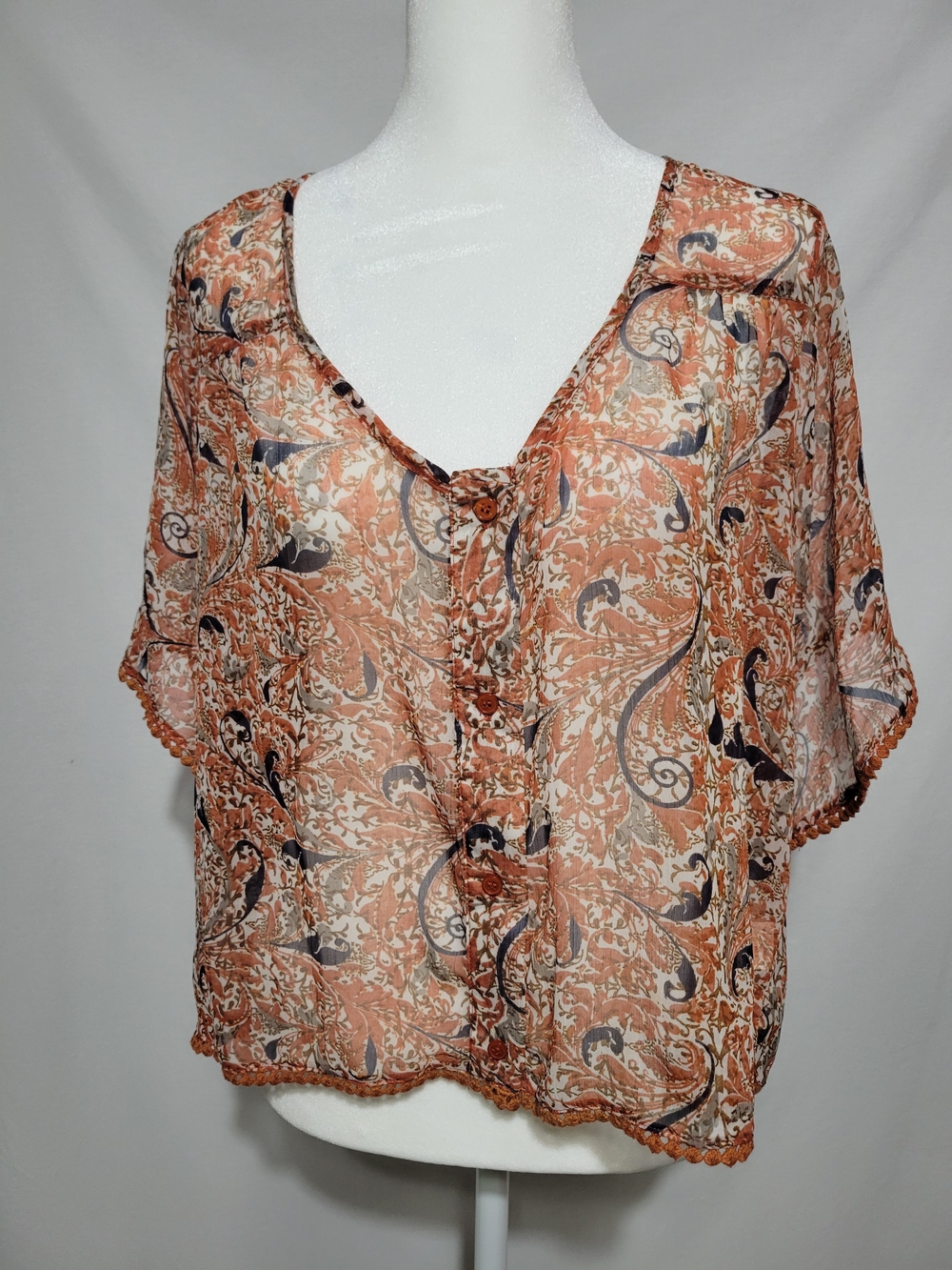 Women’s M Sheer Paisley Button-Front Top - Rust Boho Chic Festival